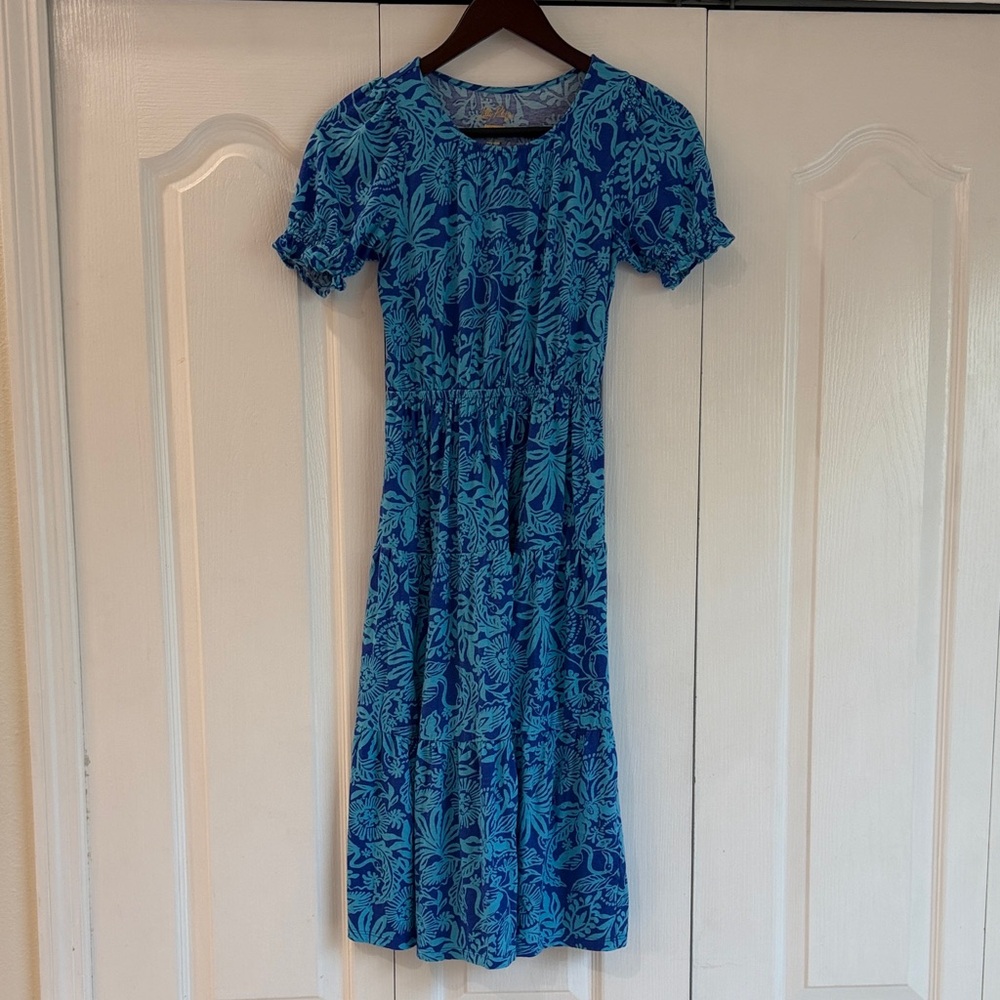 Lilly Pulitzer Blue Floral Short-Sleeve Tiered Midi Dress Girls 8-10